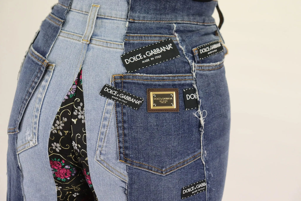 Jeans en denim bleu dolce & gabbana à jambe large avec patchwork floral multicolore et écussons de marque