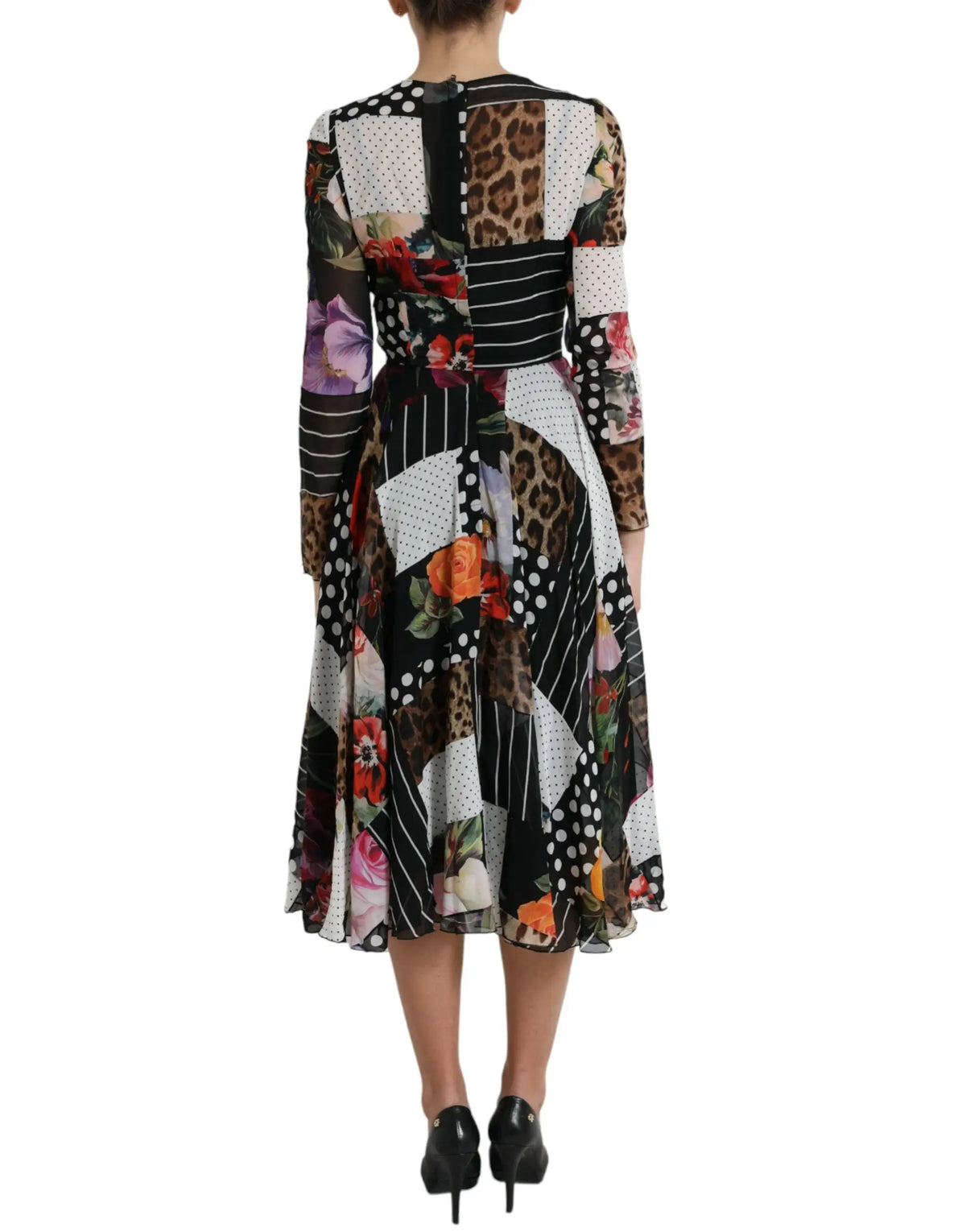 Robe midi dolce & gabbana multicolore en patchwork avec motifs floraux, léopard et pois en tons naturels noir et blanc