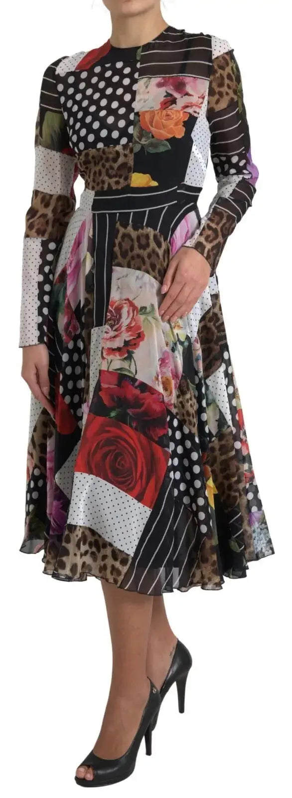 Robe midi patchwork dolce gabbana multicolore avec motifs floraux léopard et pois en noir blanc rouge et marron