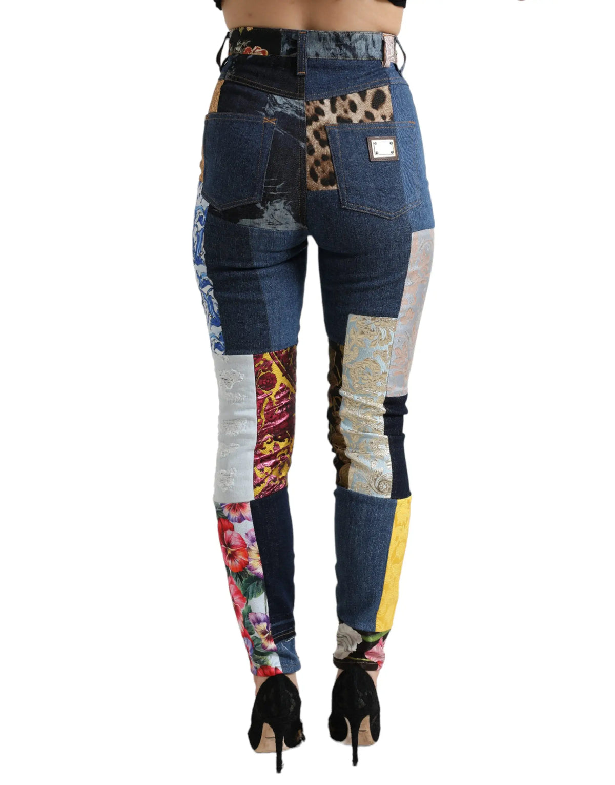 Jean skinny haute taille dolce & gabbana en denim multicolore patchwork avec imprimé léopard fleurs et broderie or