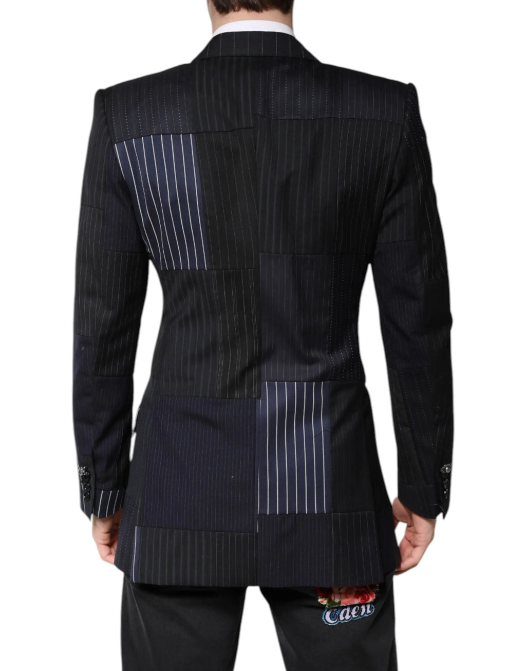 Dolce & gabbana multicolor patchwork blazer noir avec rayures verticales contrastantes bleu marine et blanc