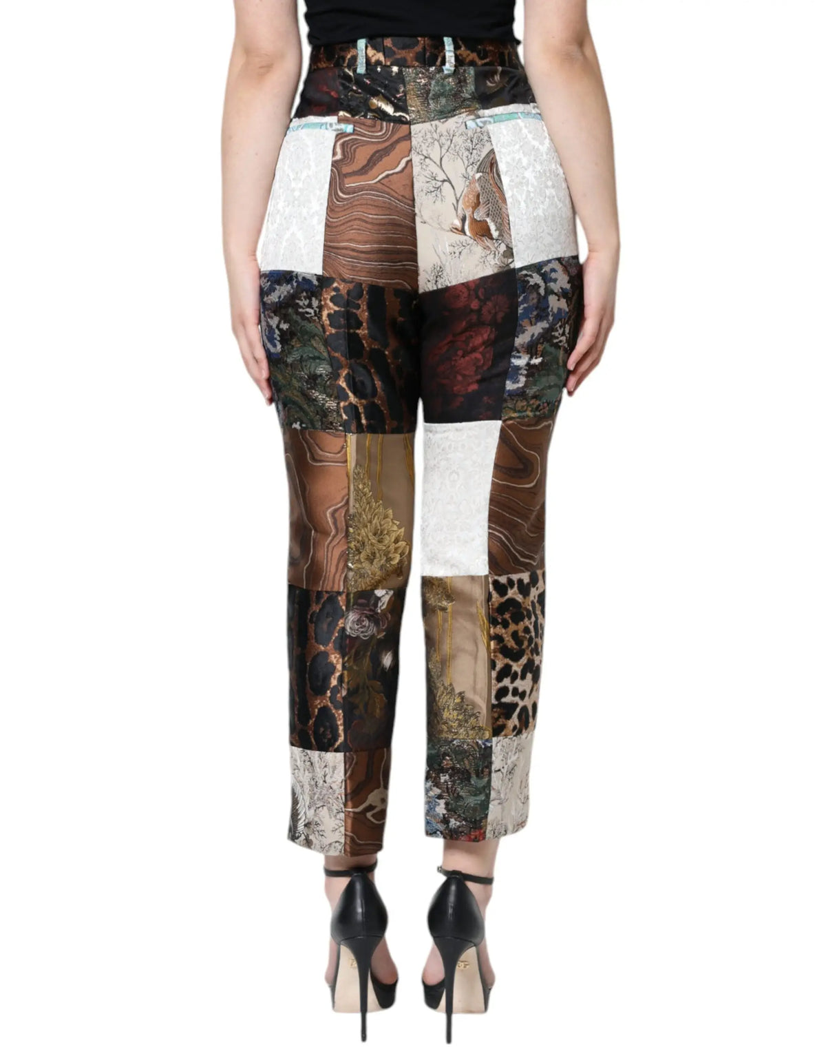 Pantalon taille haute patchwork dolce gabbana en jacquard multicolore avec imprimés animaux et motifs botaniques en soie