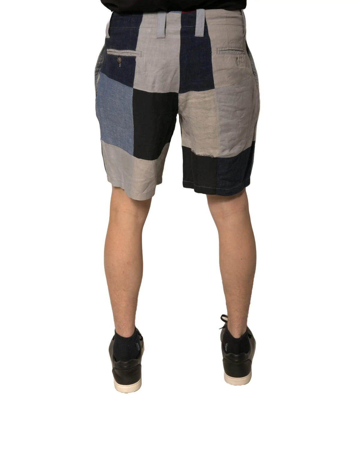 Shorts chino pour homme dolce & gabbana en lin multicolore avec patchwork en denim bleu marine gris et noir et surpiqûres visibles