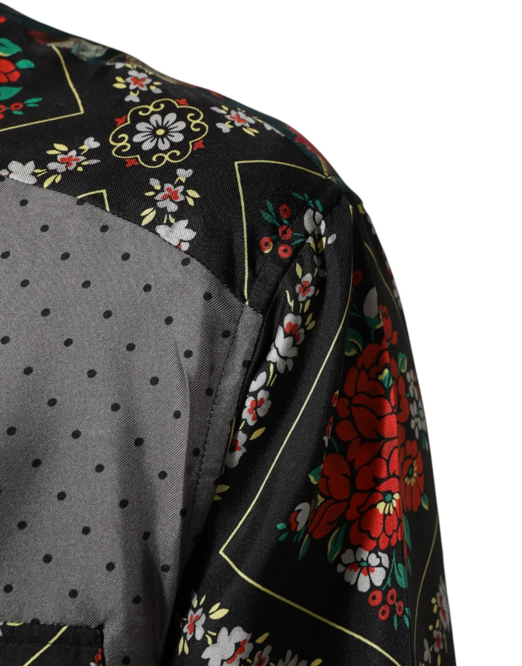 Blouse noire dolce gabbana en soie à manches longues avec motifs floraux rouge et blanc bordés d or et panneau à pois gris