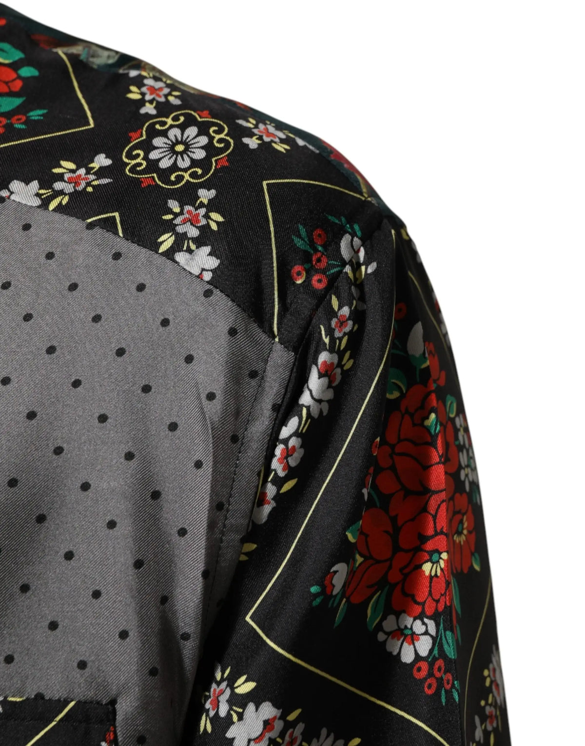 Blouse noire dolce gabbana en soie à manches longues avec motifs floraux rouge et blanc bordés d or et panneau à pois gris