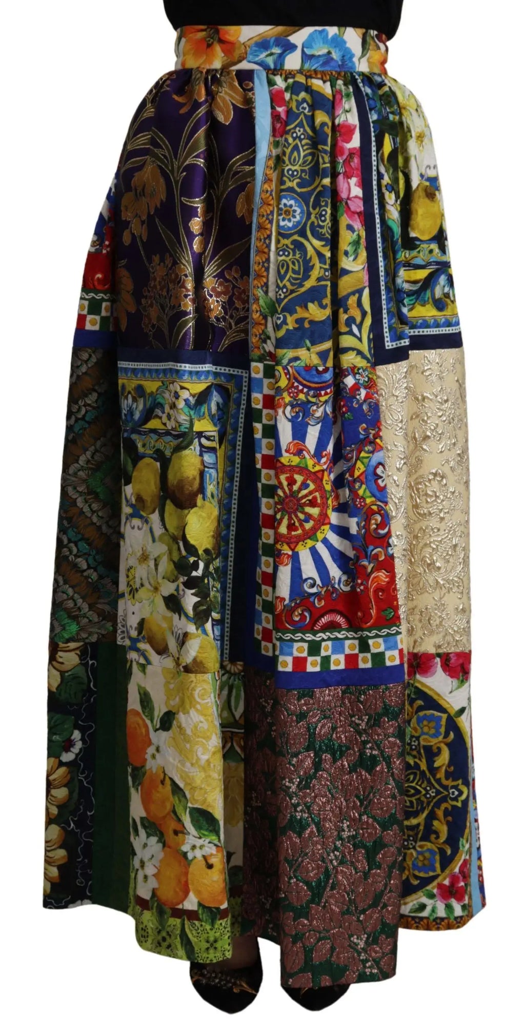 Dolce & gabbana jupe longue patchwork sicily multicolore avec imprimés fruits et motifs riches en violet bleu jaune rouge et or