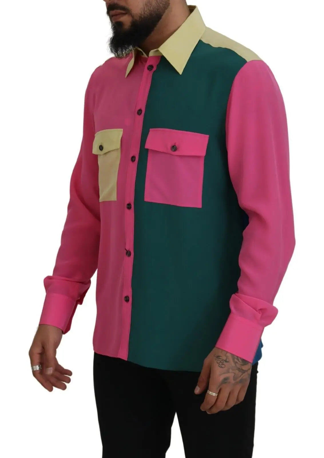 Chemise homme dolce & gabbana en soie multicolore à panneaux rose vif et bleu sarcelle avec accents beige contrastants