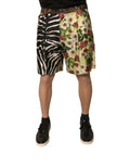 Shorts chino pour homme dolce & gabbana en soie multicolore avec motif zèbre noir et blanc et fleurs rouges vibrantes