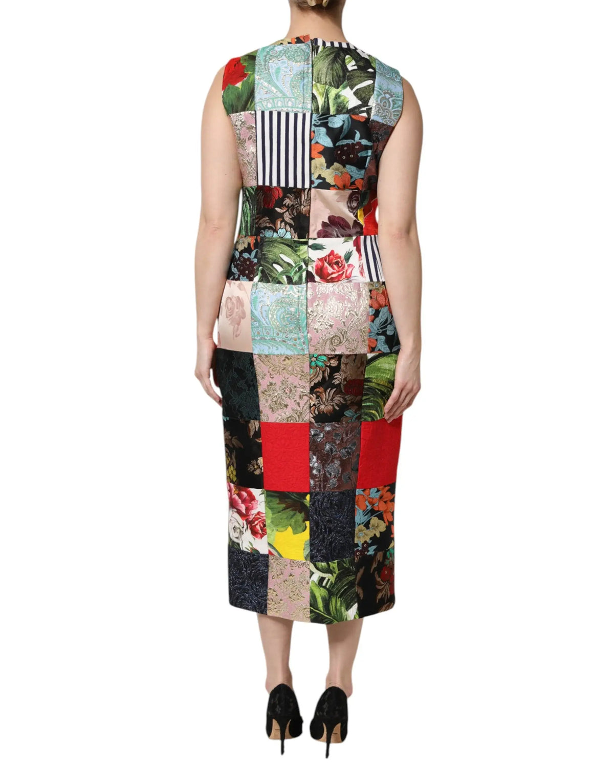 Robe fourreau sans manches dolce & gabbana multicolore avec design patchwork floral et rayé au genou
