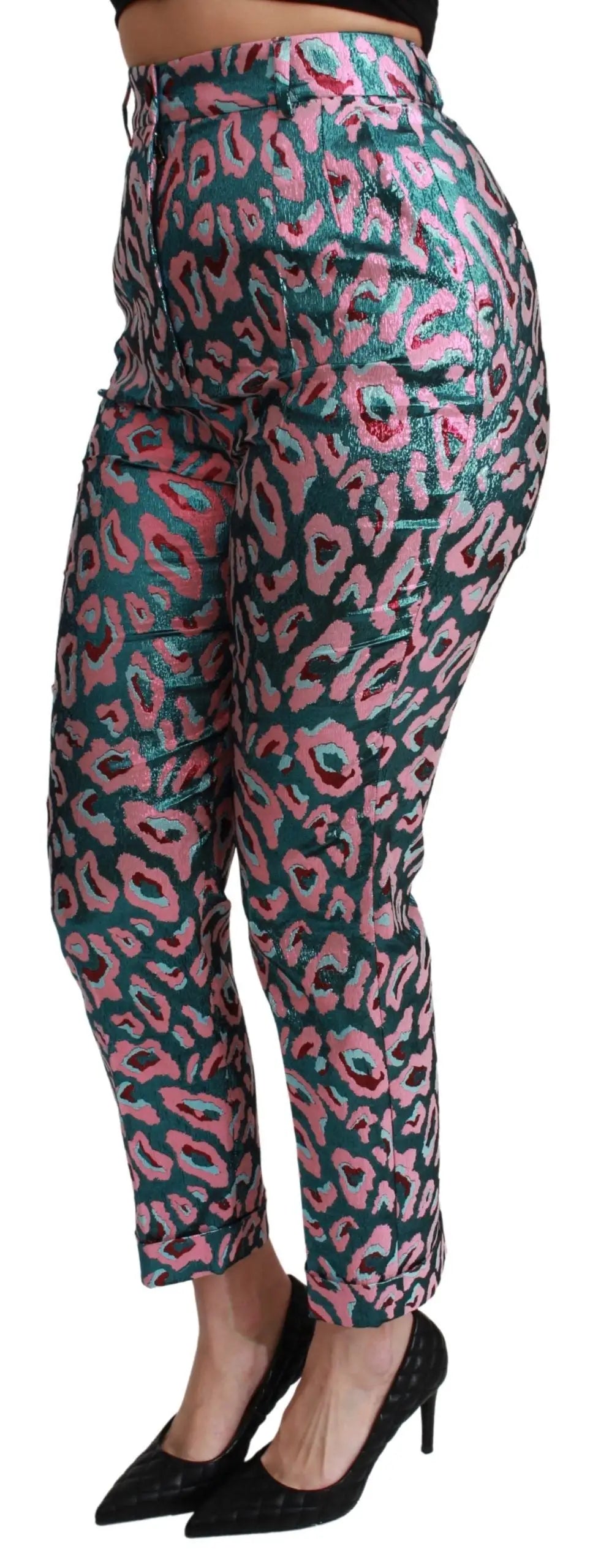 Pantalon dolce gabbana taille haute cropped en tissu scintillant motif léopard bleu sarcelle et rose multicolore
