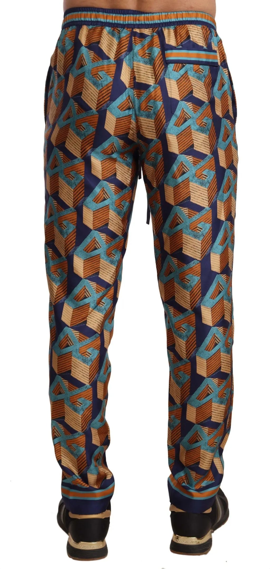 Joggers dolce & gabbana en soie multicolore avec motif géométrique bleu et beige et taille élastique