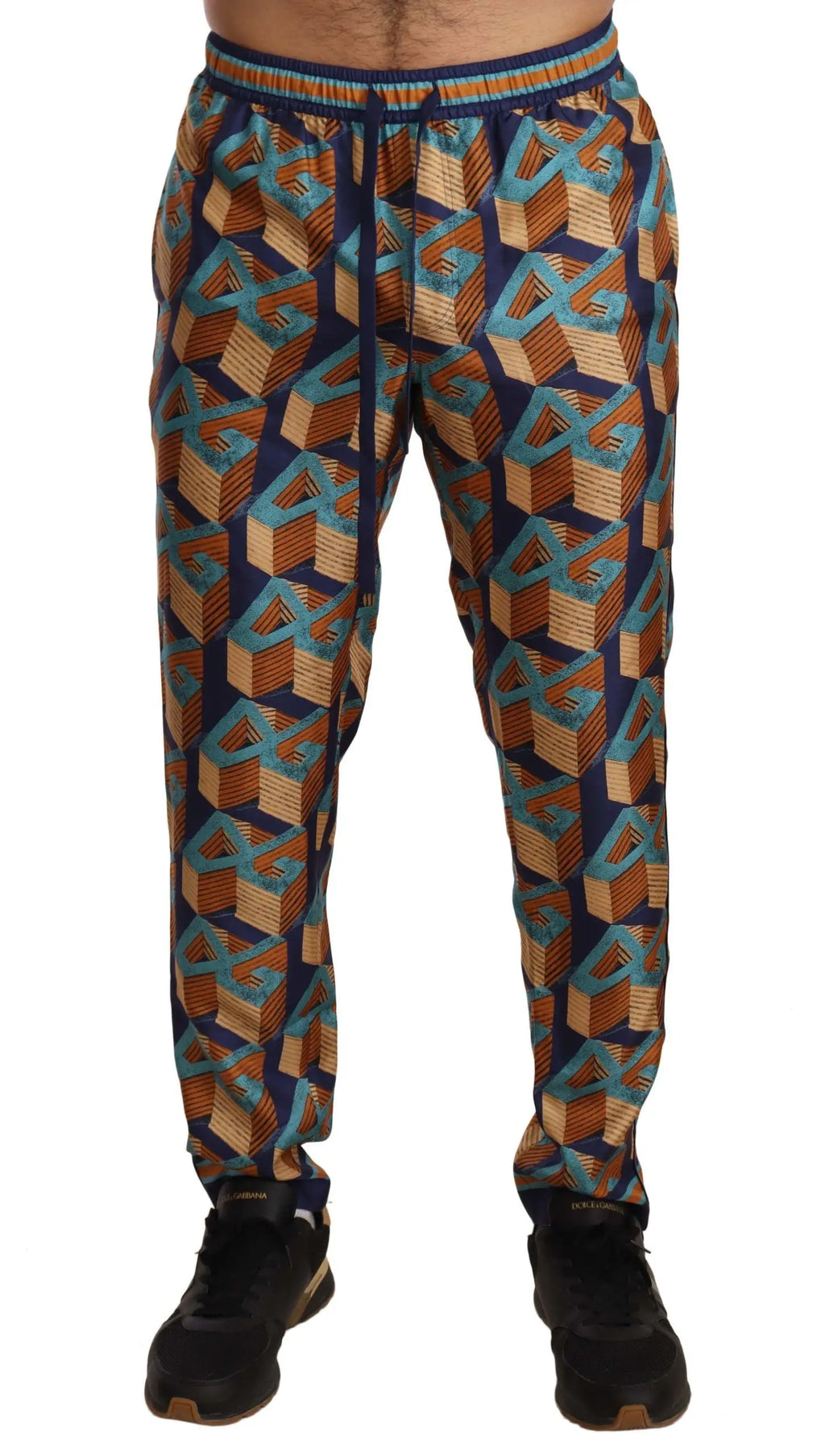 Joggers dolce & gabbana en soie bleu et beige avec motif géométrique et taille à cordon