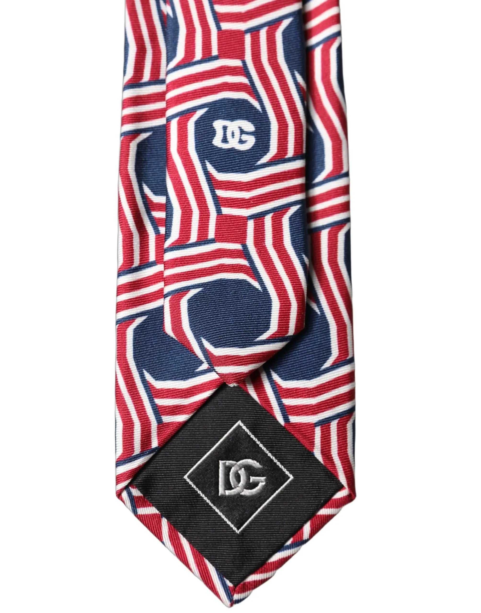Cravate homme ajustable en soie dolce & gabbana multicolore avec motif géométrique rouge blanc bleu marine et logo dc brodé