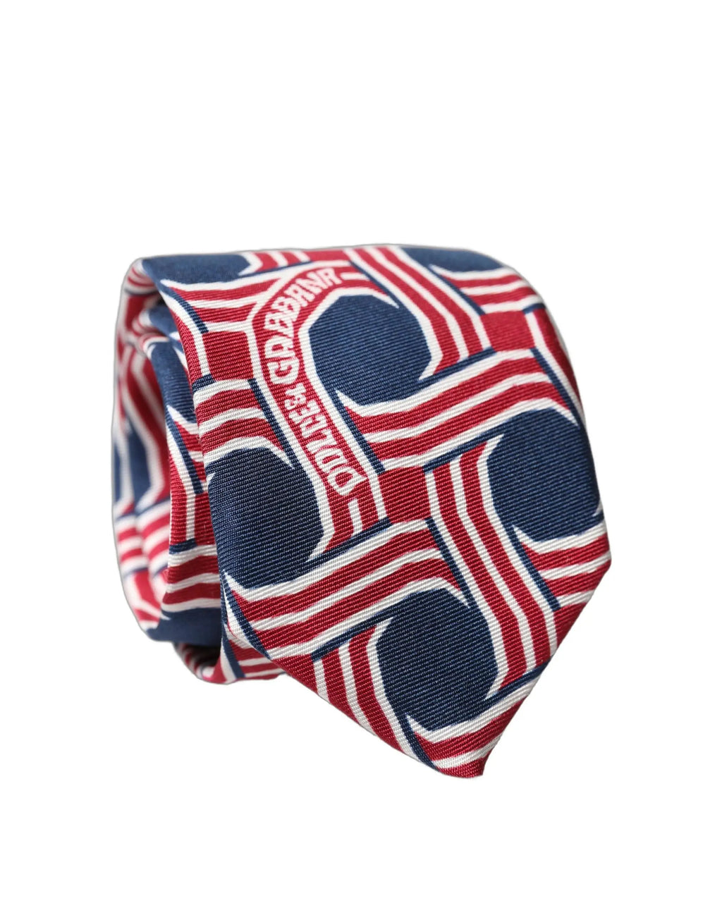 Cravate dolce & gabbana en soie multicolore bleu marine rouge blanc avec motif géométrique et lettrage gabriel