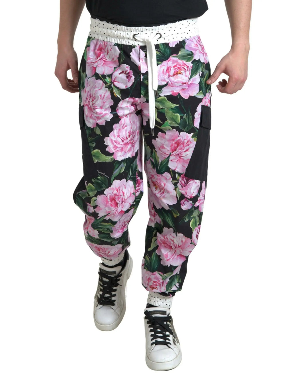 Pantalon cargo noir dolce & gabbana en coton avec motif floral pivoine rose et taille à pois blancs