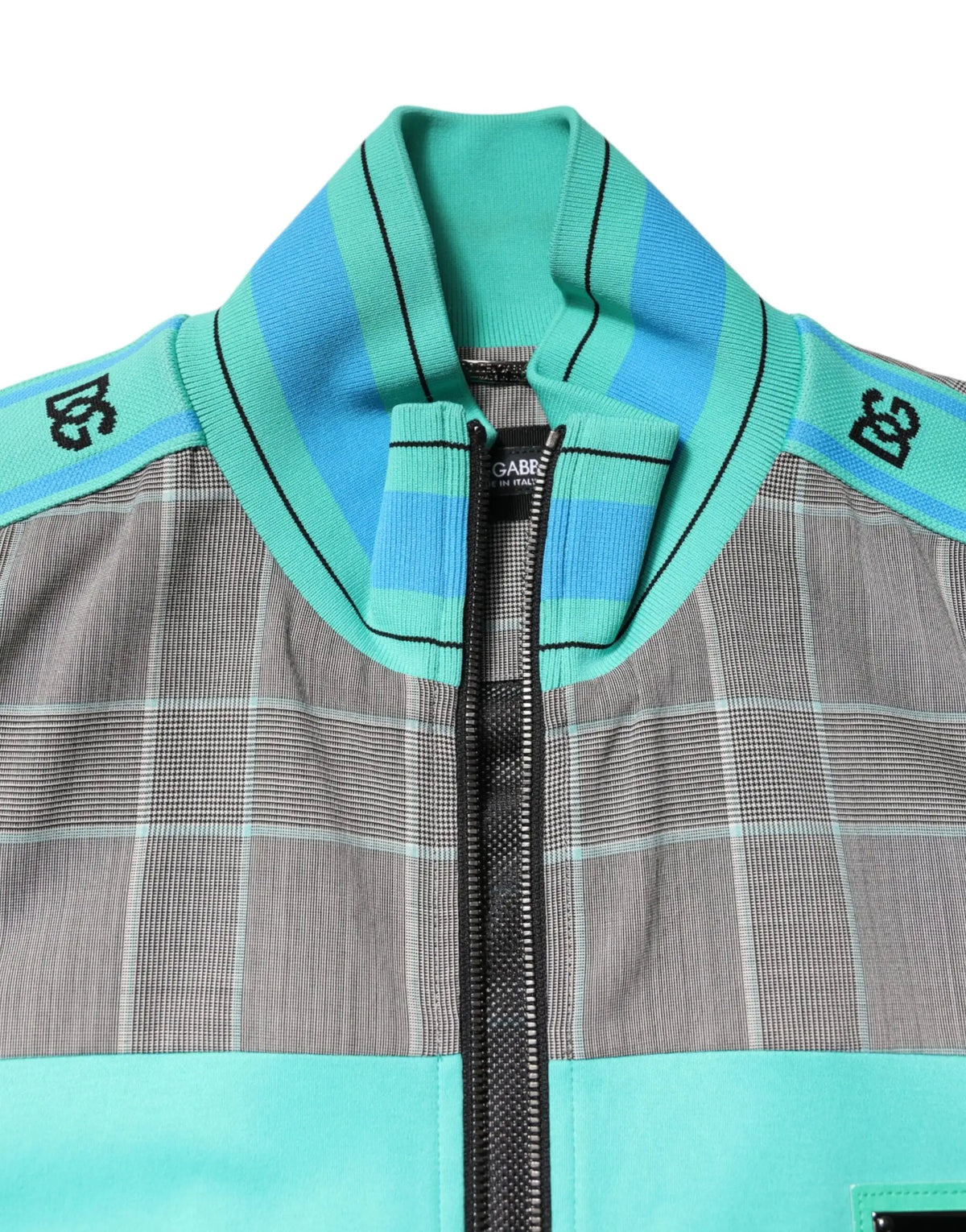 Dolce & Gabbana multicolor plaid full zip windbreaker jacket with gray fabric body and teal blue striped knit collar with black logos
