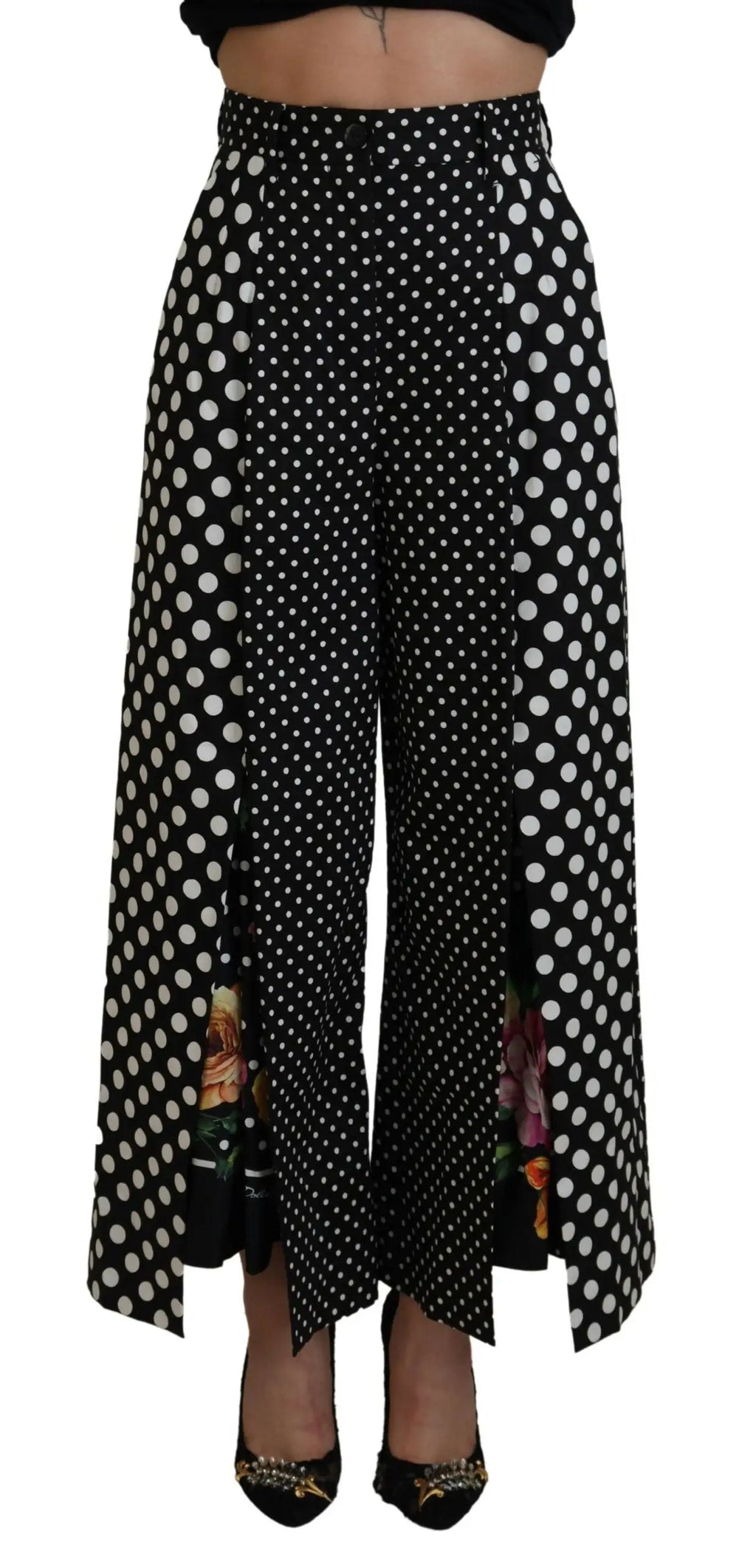 Pantalon large taille haute dolce gabbana à pois noirs et blancs avec accents floraux et fentes latérales