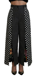 Pantalon large taille haute dolce gabbana à pois noirs et blancs avec accents floraux et fentes latérales