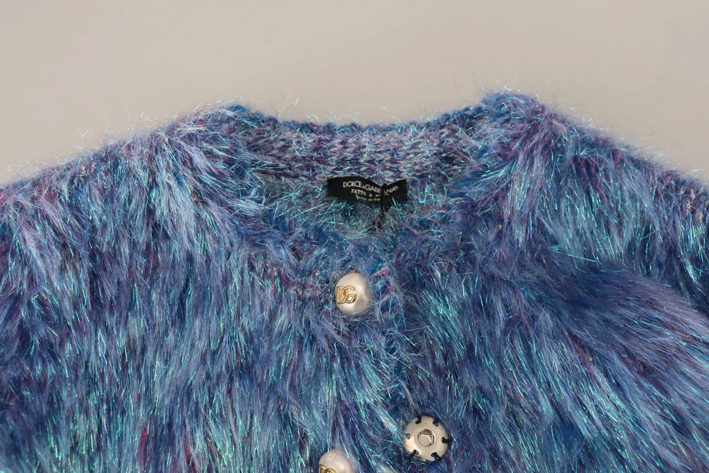 Cardigan en maille bleu et violet avec fil métallisé et étiquette noire dolce & gabbana au col en polyester multicolore