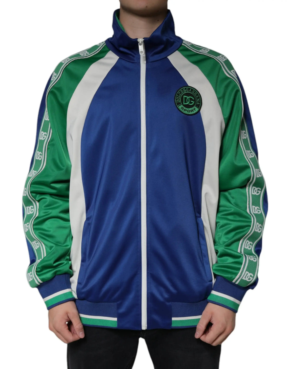 Veste bomber zippée multicolore dolce gabbana en polyester satin bleu et vert avec rayures blanches et logo dc sur les manches