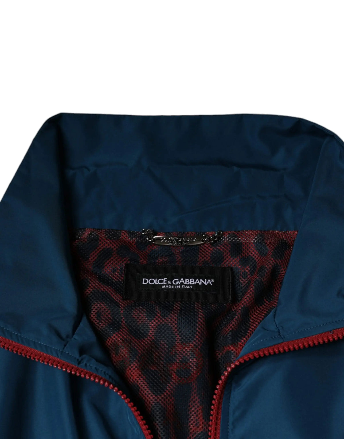 Veste dolce & gabbana en nylon bleu foncé avec fermeture éclair rouge et doublure en maille imprimé léopard