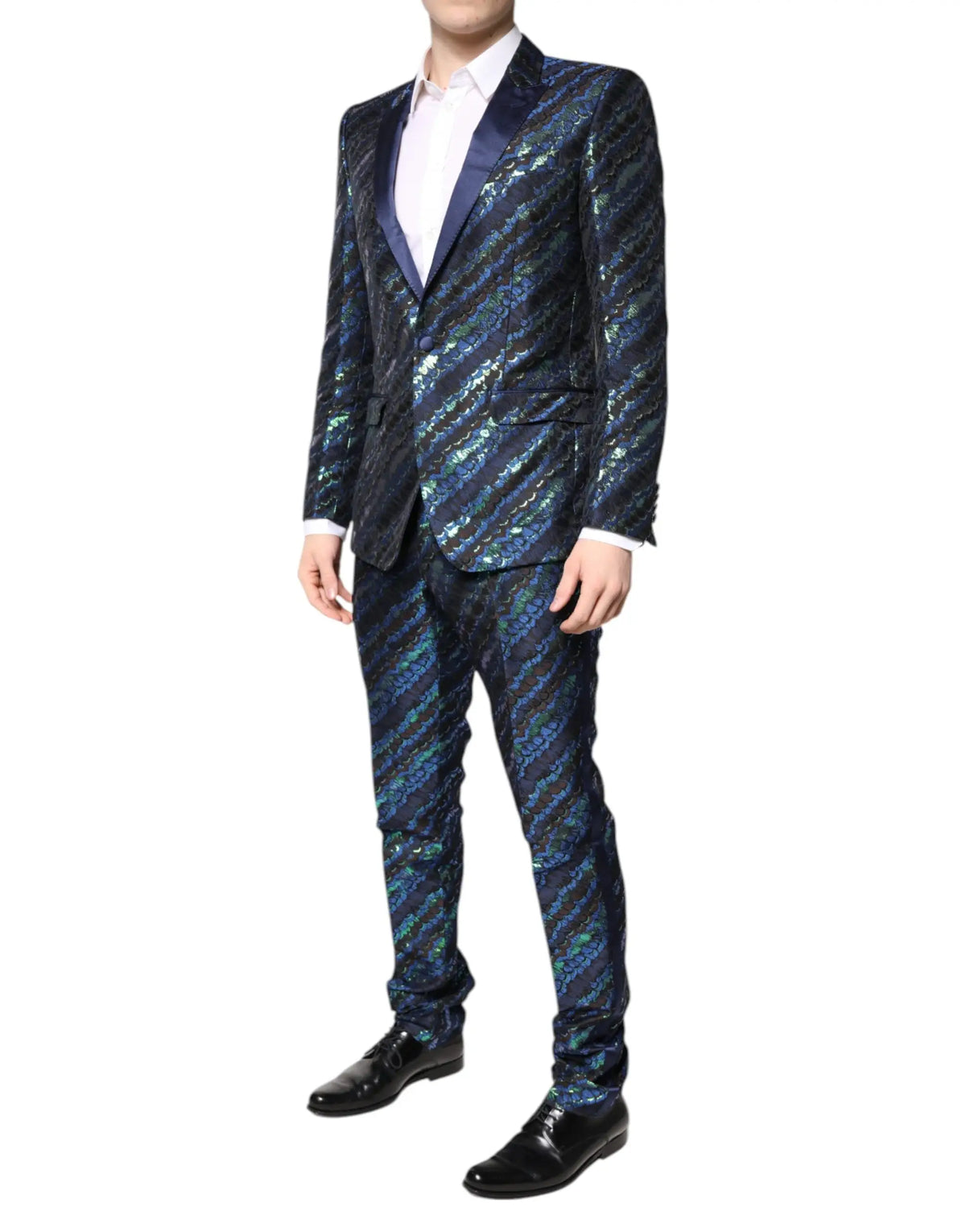 Costume deux pièces dolce & gabbana en jacquard polyester multicolore avec un costume à sequins bleu marine et vert sarcelle brillant et un revers en satin