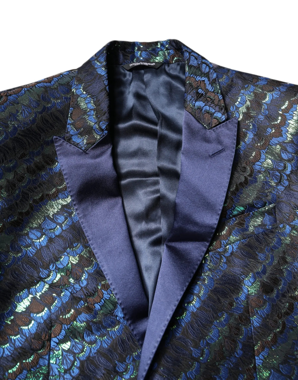Blazer dolce & gabbana bleu marine et bleu irisé en jacquard polyester avec col doublé en satin dans un costume deux pièces