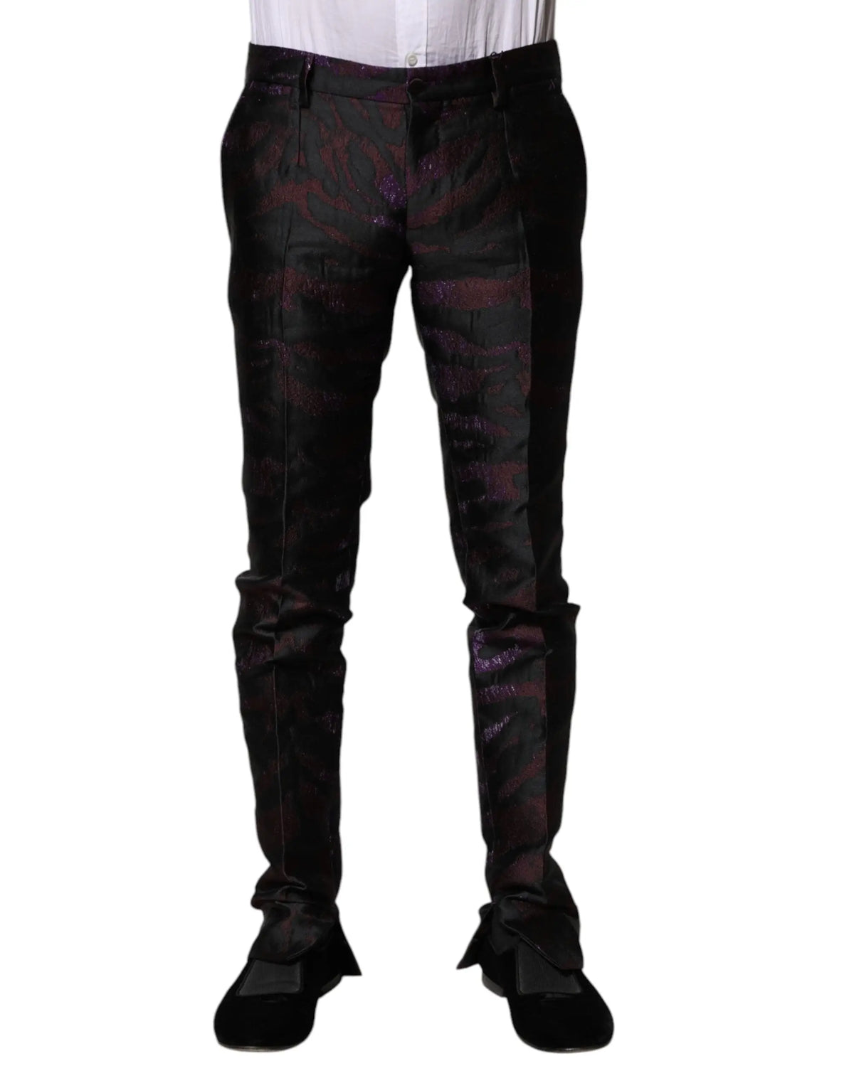Pantalon dolce gabbana multicolore en polyester avec motif abstrait brillant bordeaux et violet sur fond noir