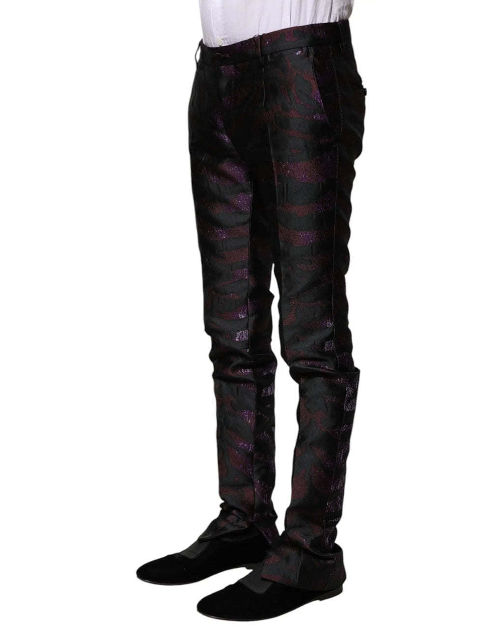 Pantalon dolce & gabbana en polyester noir et violet à motifs satinés avec une coupe ajustée élégante