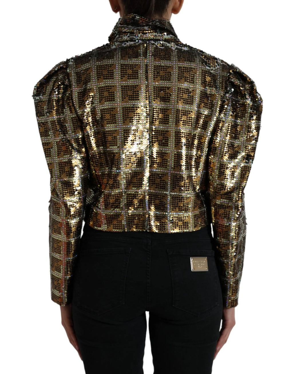 Veste courte dolce & gabbana pailletée multicolore en polyester or avec col haut et manches bouffantes à motif grille