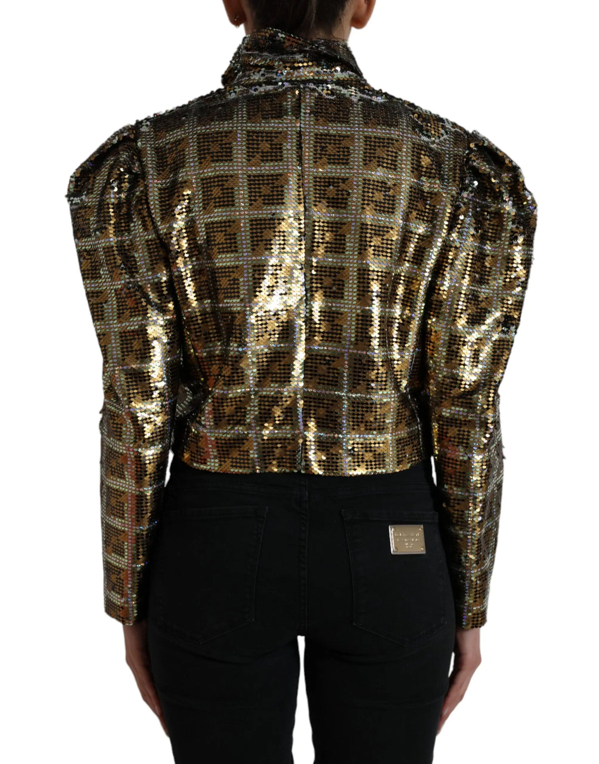 Veste courte dolce & gabbana pailletée multicolore en polyester or avec col haut et manches bouffantes à motif grille