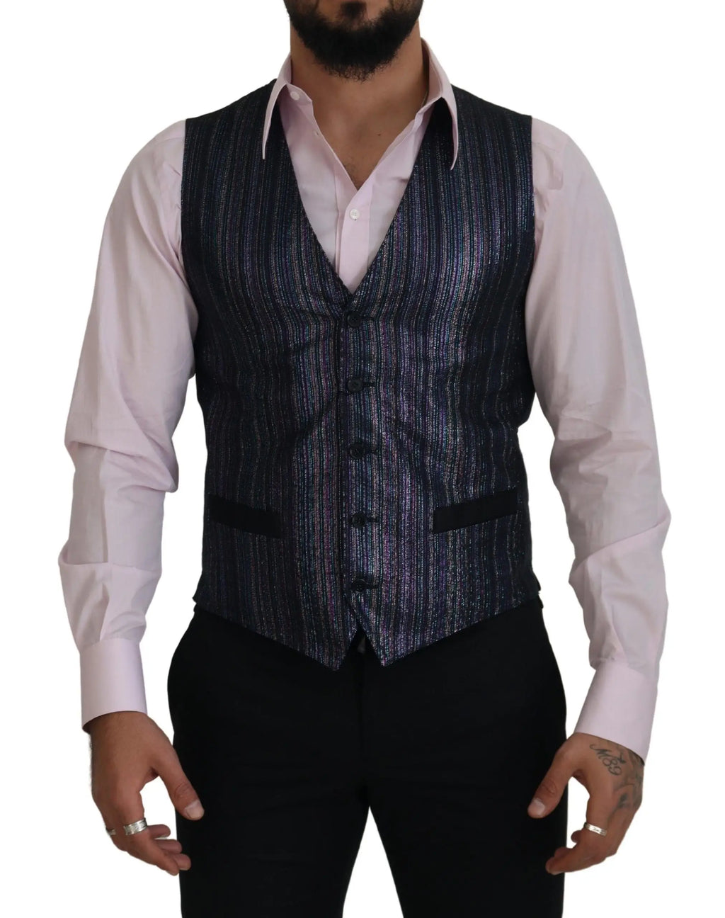 Dolce & gabbana multicolor polyester waistcoat dress with dark blue and silver striped wool vest and black trim