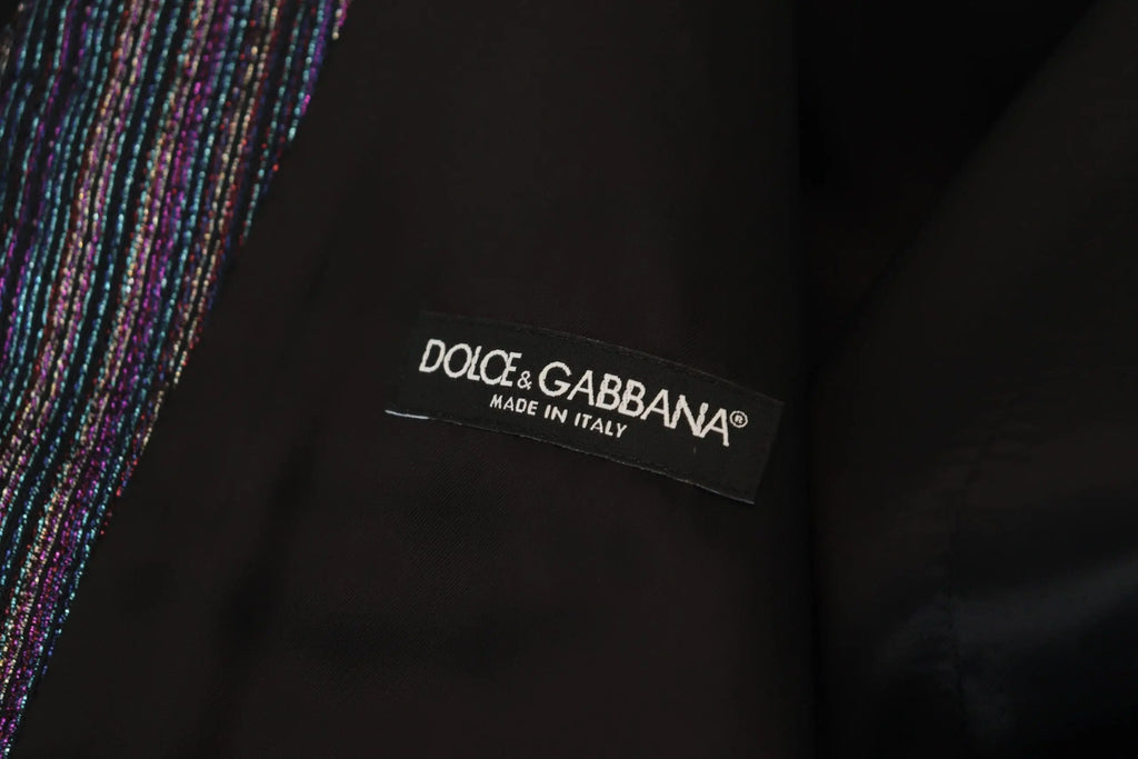 Étiquette noire dolce & gabbana made in italy sur tissu foncé avec bordure rayée multicolore pour gilet-robe polyester