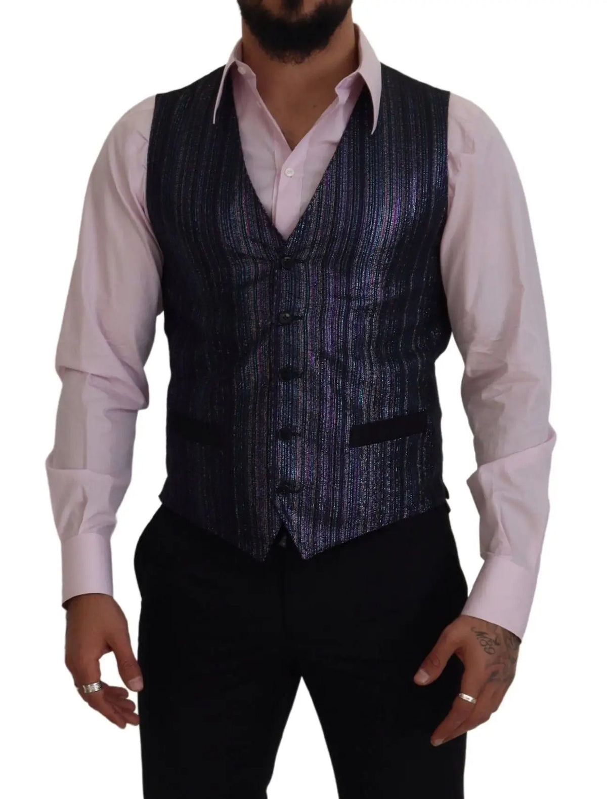Dolce & gabbana waistcoat multicolore en polyester bleu foncé texturé à rayures verticales scintillantes avec bordure noire
