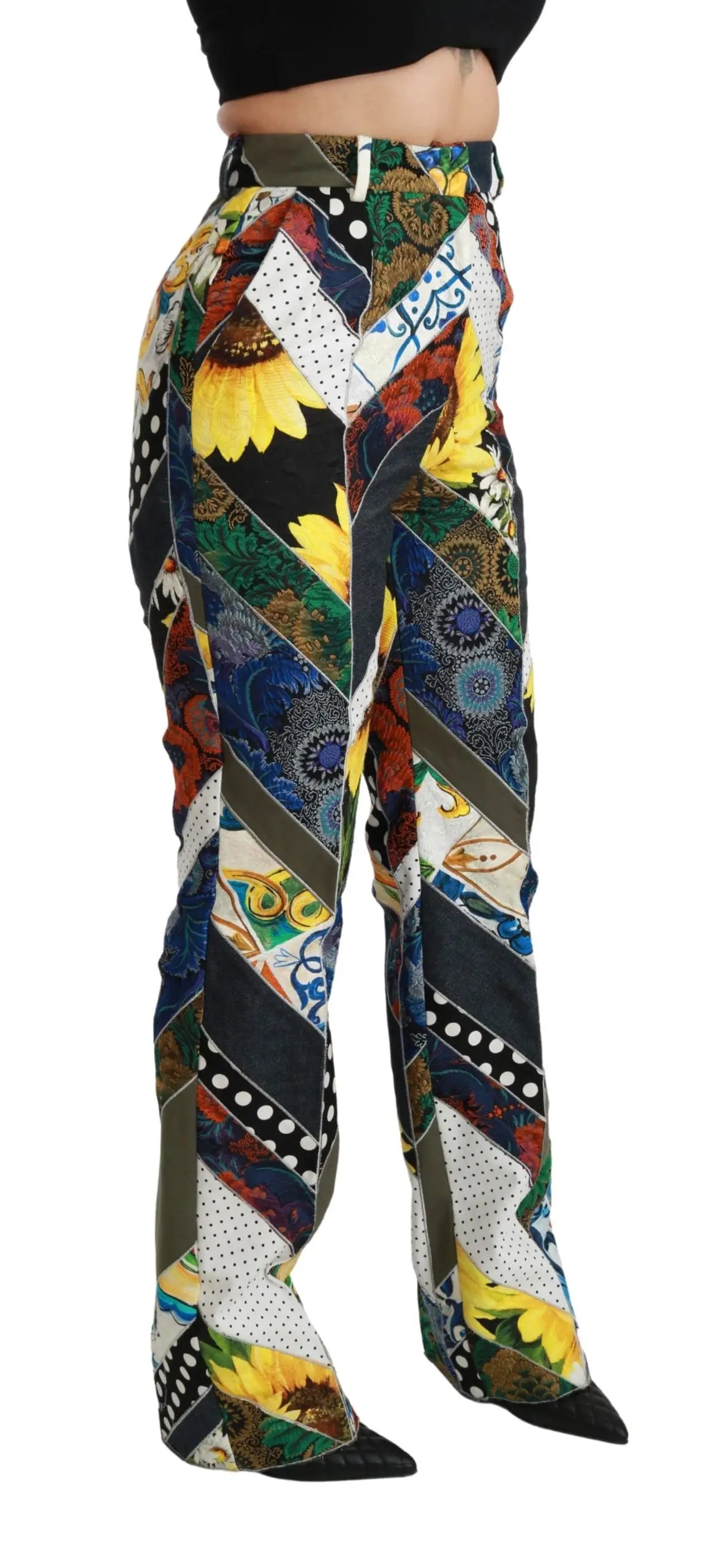 Pantalon droit Dolce & Gabbana taille haute multicolore avec imprimé patchwork de tournesols et motifs géométriques