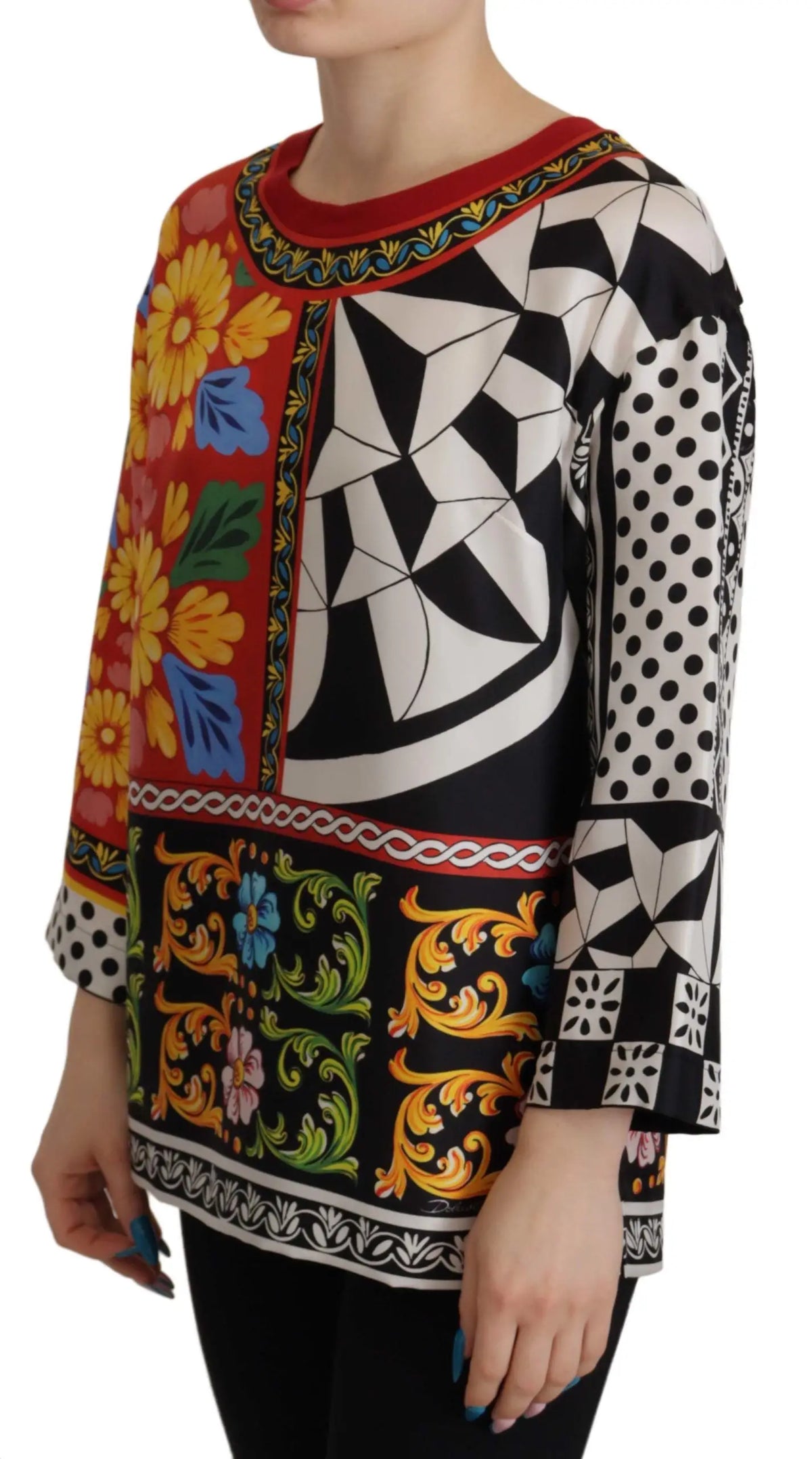 Blouse dolce & gabbana multicolore imprimée baroque à manches longues larges en coton mélangé avec motifs floraux et géométriques