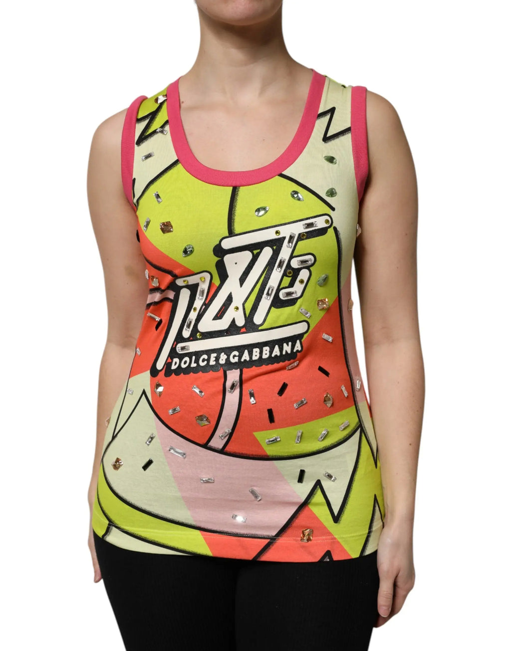 Tank top dolce & gabbana multicolore avec motif glace cartoon orné de cristaux étincelants et bordure rose