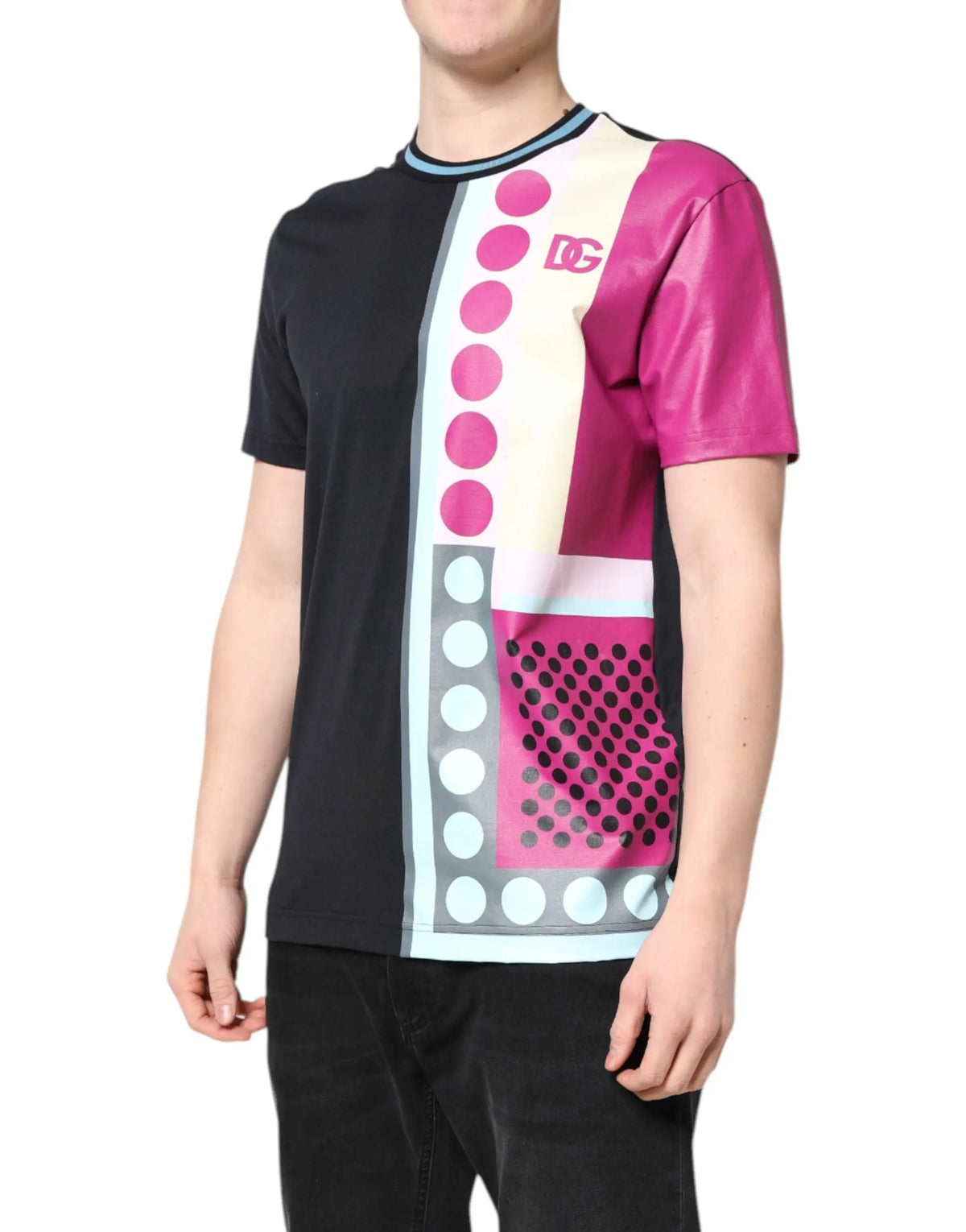 T-shirt dolce & gabbana multicolore à manches courtes avec motif géométrique vif rose noir crème et cercles roses blancs