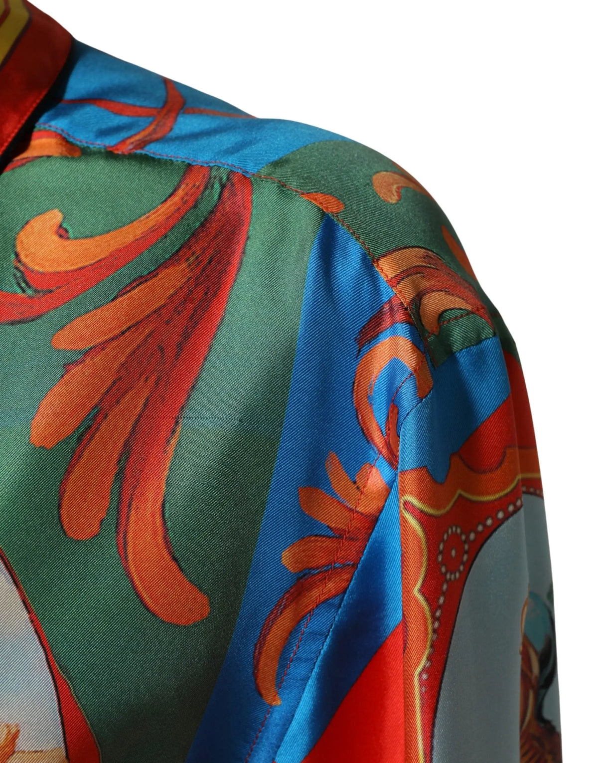 Dolce & Gabbana chemise multicolore en satin avec motifs orange et bleu sur fond vert manches longues boutonnées