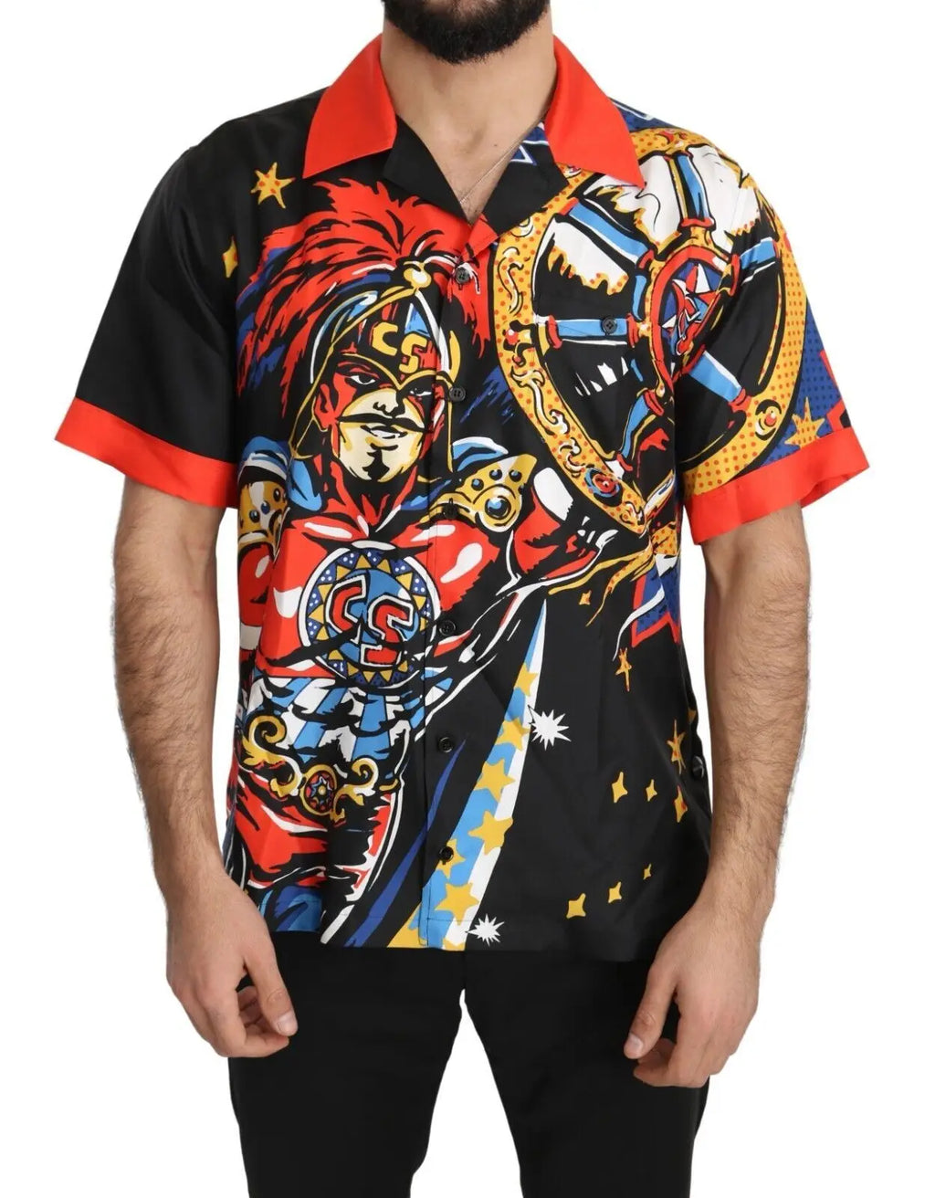 Chemise noire à manches courtes dolce & gabbana avec motif multicolore comic d un guerrier masqué et col orange
