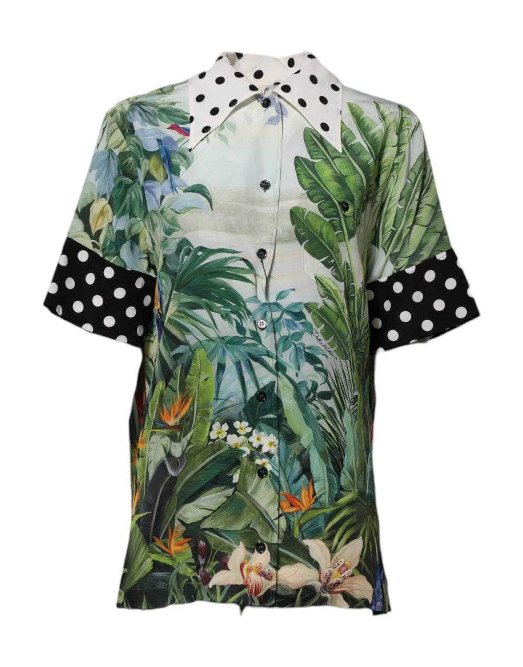 Dolce & Gabbana chemise en soie multicolore à manches courtes avec imprimé tropical et col blanc à pois