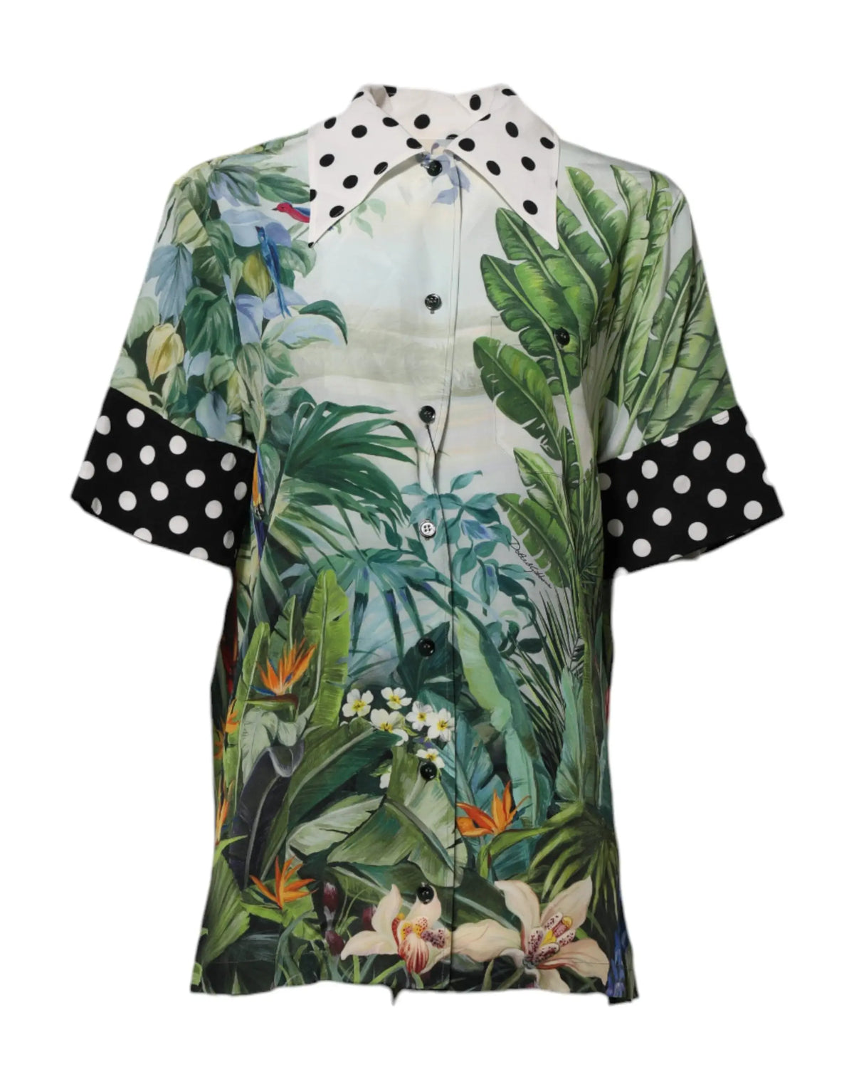 Dolce & gabbana chemise en soie multicolore à manches courtes imprimée avec col et poignets à pois blancs