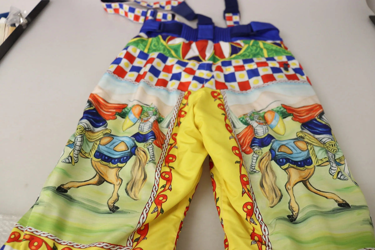 Pantalon de neige multicolore dolce & gabbana pour enfants avec imprimé chevaliers sur fond rouge bleu blanc jaune