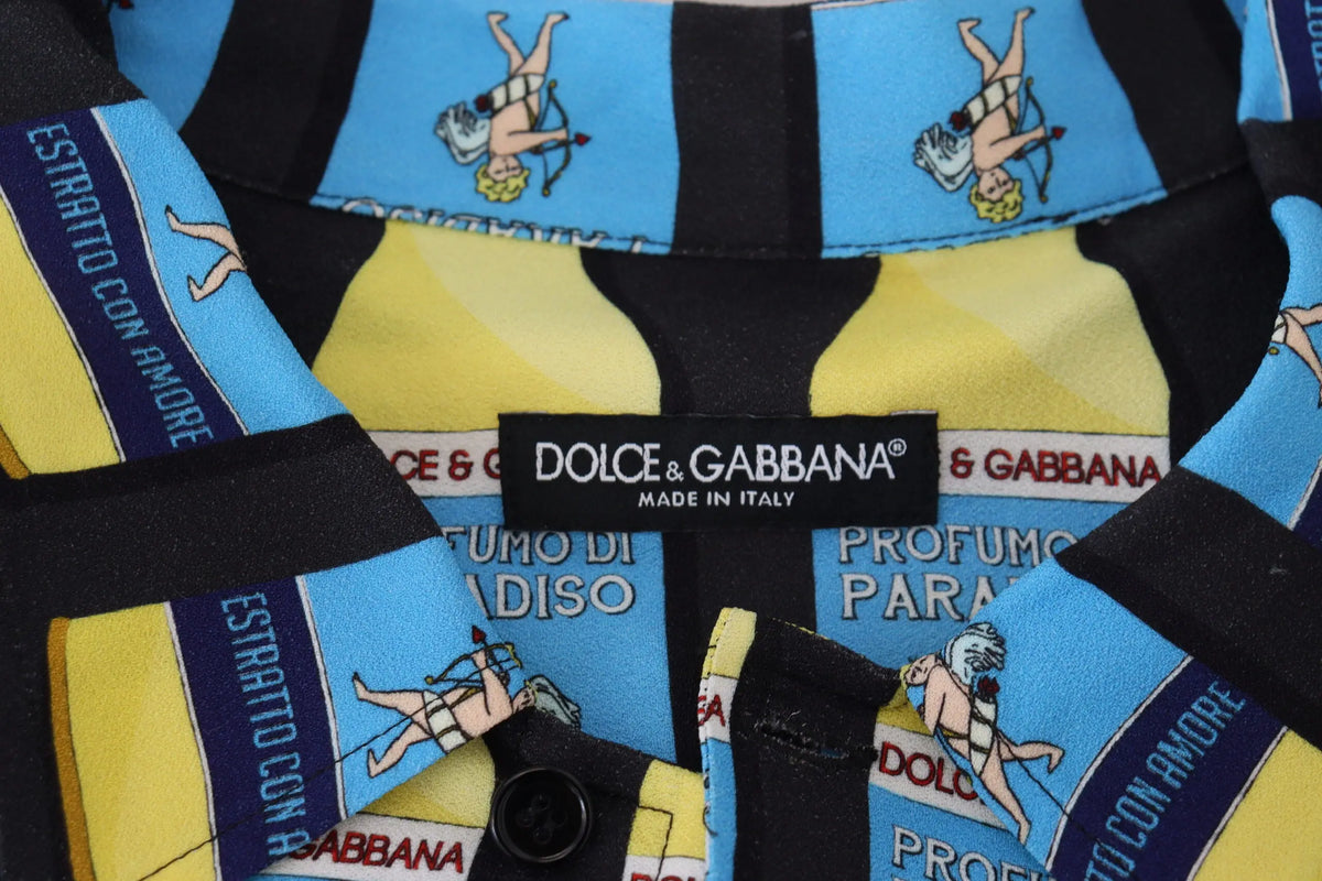 Chemise décontractée multicolore dolce & gabbana en viscose avec motif audacieux de cupidons cartoon sur panneaux bleus et jaunes