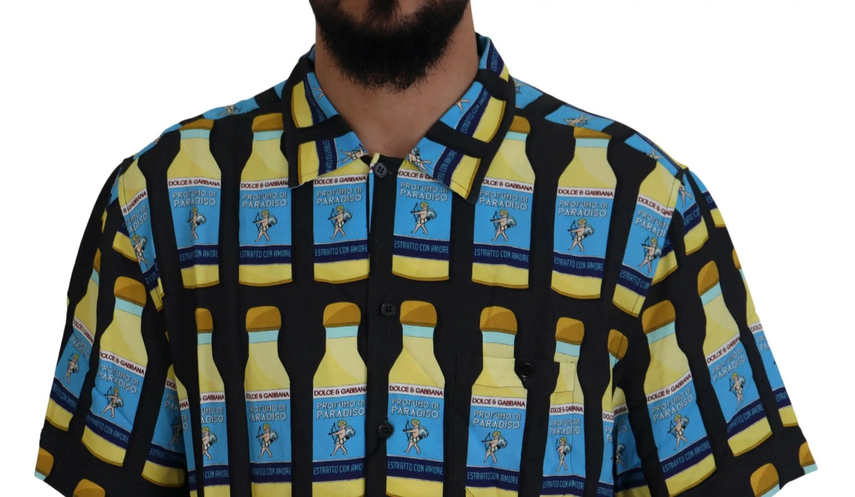 Chemise décontractée multicolore dolce gabbana en viscose à manches courtes avec motif audacieux d’étiquettes jaunes et bleues