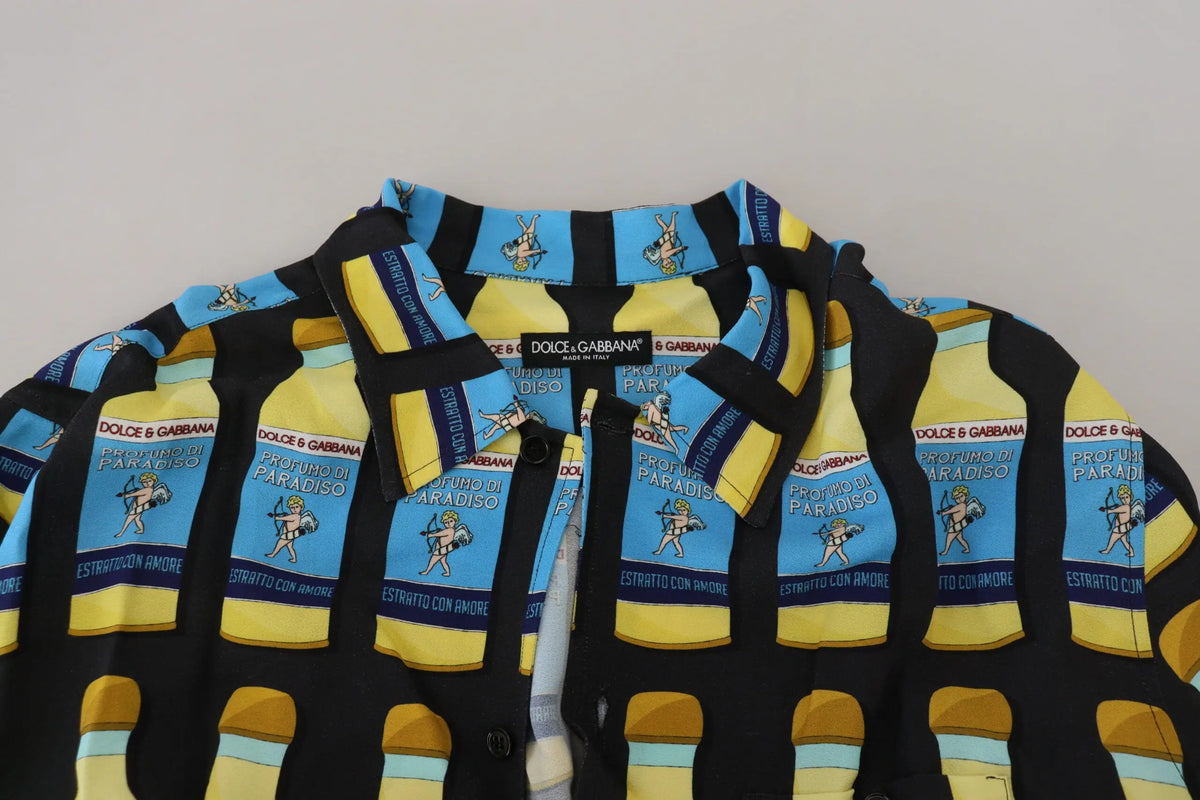 Chemise décontractée dolce & gabbana en viscose noire avec panneaux bleus et jaunes et motifs profumo di paradiso