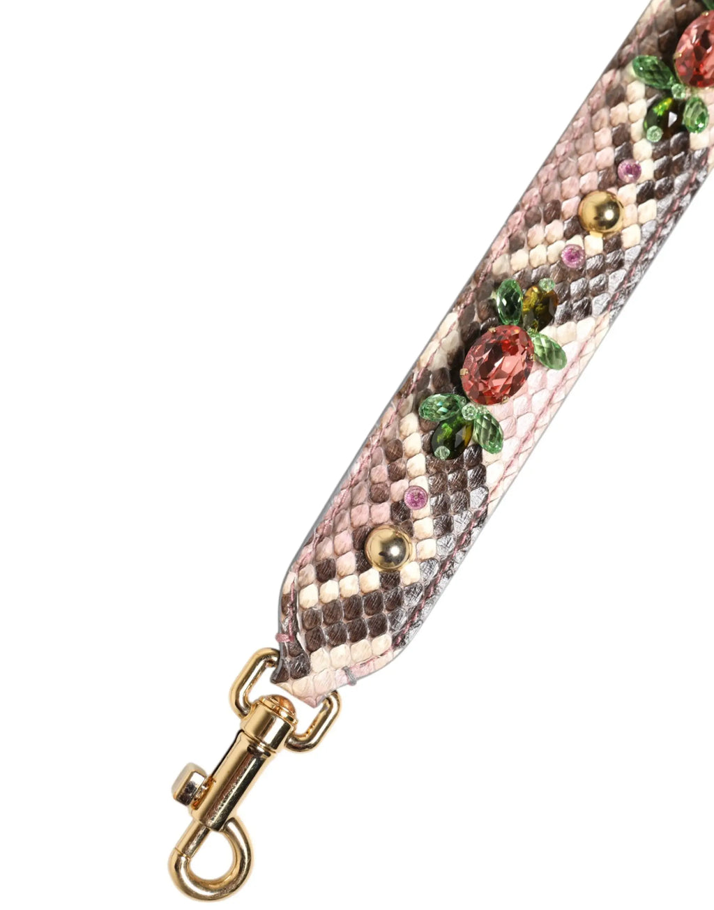 Dolce & gabbana multicolor python shoulder strap rose et marron avec strass fraises rouges feuilles vertes et perles dorées