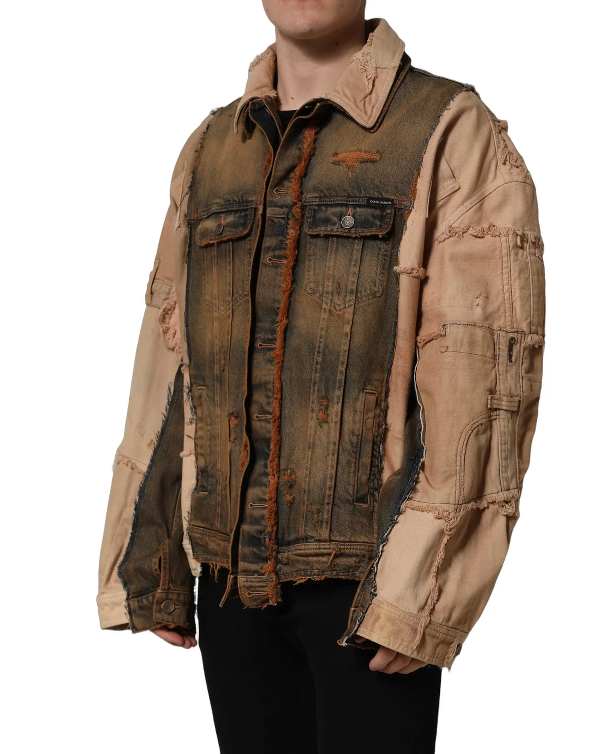 Veste en jean homme dolce & gabbana multicolore avec panneaux bruts, couleur marron et beige délavée, bords effilochés et poches multiples