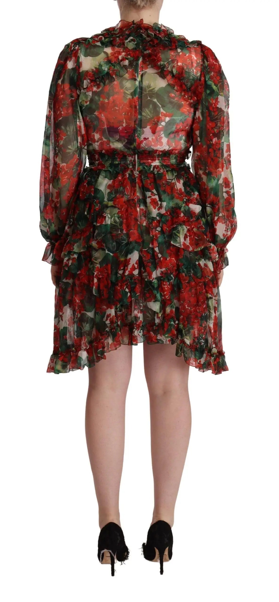 Robe longue en soie dolce & gabbana rouge à imprimé floral multicolore avec manches à volants et taille cintrée