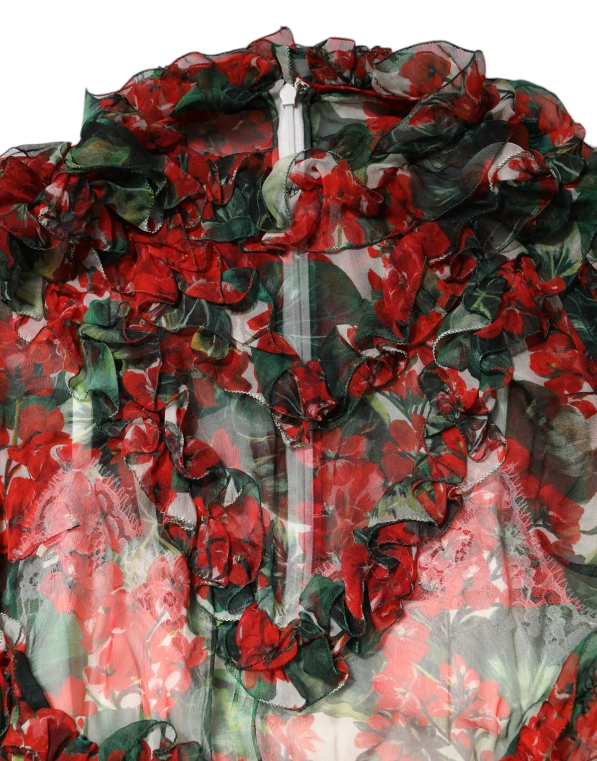Blouse en sheer à volants dolce & gabbana avec imprimé floral rouge et vert multilayered manches longues